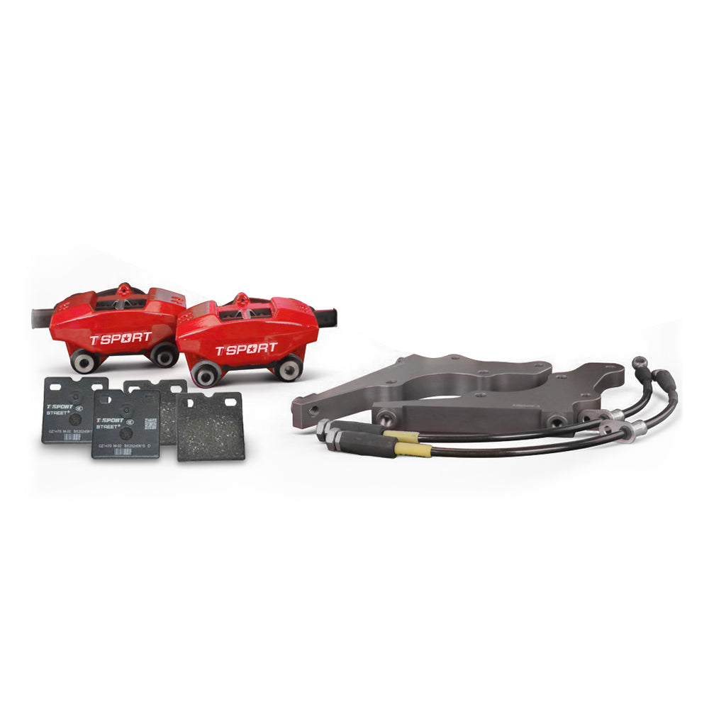 Complete TTSPORT rear wheel electronic parking brake (EPB), showing the single-piston forged calipers, J-hock slotted 2-piece rotor, performance pads, and steel-braided brake lines.