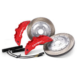 Complete TTSPORT SL6 front wheel big brake kit, showing the 6-piston forged calipers, slotted 2-piece floating rotor, performance pads, and steel-braided brake lines.
