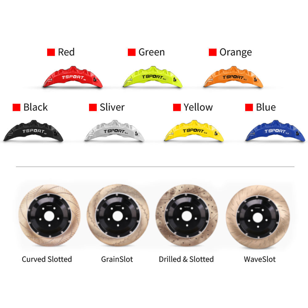 Customization options for the TTSPORT SL6 brake kit, featuring available caliper colors (red, blue, green, orange), rotor designs (drilled and slotted).